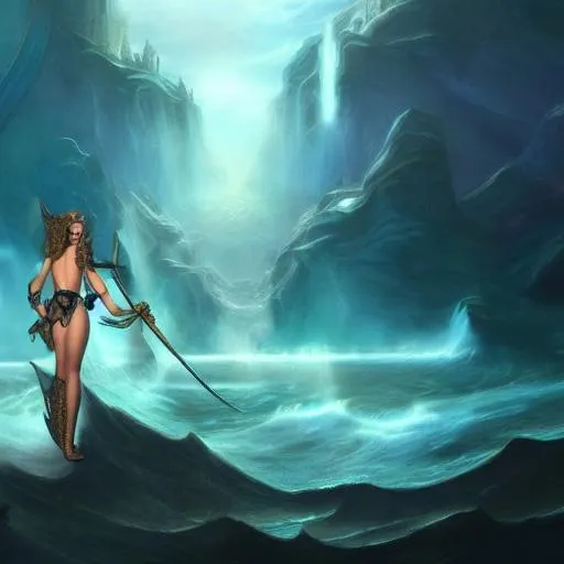 Prompt: atlantis goodess with swords, matte painting, detailed face