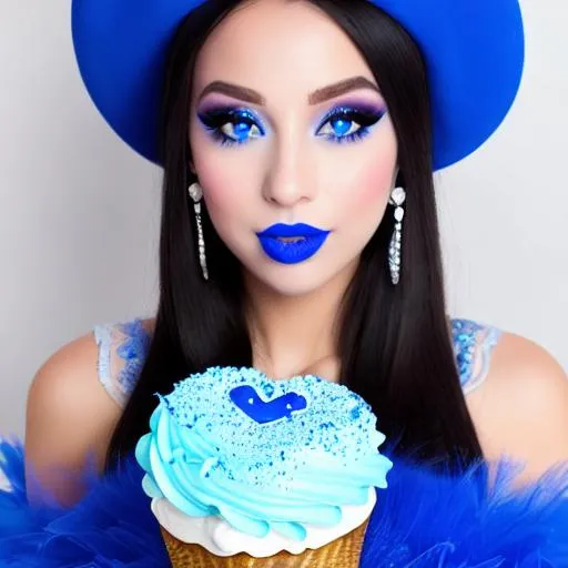 Prompt: Jennifer lopez eating 2 foot blue frosty ice cream cake , inside cavernous bakery,  blue lipstick, pleasant face, blue eyes, Black eyeshadow, Sugar Hat, extremely large ice earrings. Wide Blue heart necklaces, Cold color scheme, ultradetailed, 8k resolution, perfect, smooth, high quality, shiny. 