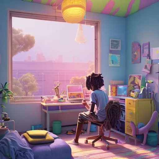 Prompt: an African boy with long dreadlocks sitting in his bright bedroom with the window open and a cat on the ledge while he plays an MPC drum machine, pastel  colors, SKOTTIE Young, 3-D blender summer, poly count, modular constructivism, pop surrealism, physically based rendering, square image
