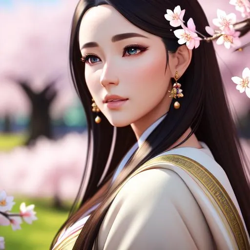 Prompt: create an intricately detailed photo-realistic scene of a beautiful traditional woman with cherry blossom trees. RAW, UHD, 64k, zoom out, smooth, sharp focus, unreal engine 8, 3D Rendering, Cinematic lighting, UDR, HDR, 64k, masterpiece, highly detailed eyes, perfect composition, hyperrealistic, super detailed, 8k, high quality,hyperdetailed intricately detailed, unreal engine, intricate detail, complementary colors, 8k, heavy strokes, full height,
