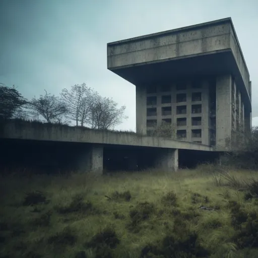 Prompt: a large brutalist architecture, creepy, macabre, wide angle, empty, reclaimed by nature, concept of physics do not apply