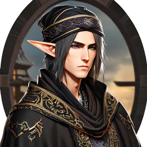 Prompt: A highly realistic and extremely detailed face full body portrait of an 18 year old stripling elf male character from Warcraft. Wearing a black cloak over his vagabond samurai kimono that he wears under and also wearing an intricate patterned bandana on his head and wearing a Cotton Shemagh Tactical Desert Scarf Wrapped on his neck. The character should be modeled after an fantastical Ronin young prince with handsome long, messy, and wavy silvery black hair, thin arched eyebrows, and striking golden eyes. The artwork should be created in either 4K or 16K resolution and should be of photo realistic quality."
((Width: 512)), ((Height: 627)))