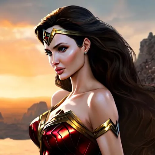 Prompt: Angelina Jolie as wonder woman, beautiful photograph of most beautiful fictional, extremely, detailed environment, detailed background, intricate, detailed skin, natural colors , professionally color graded, photorealism, 8k, moody lighting.