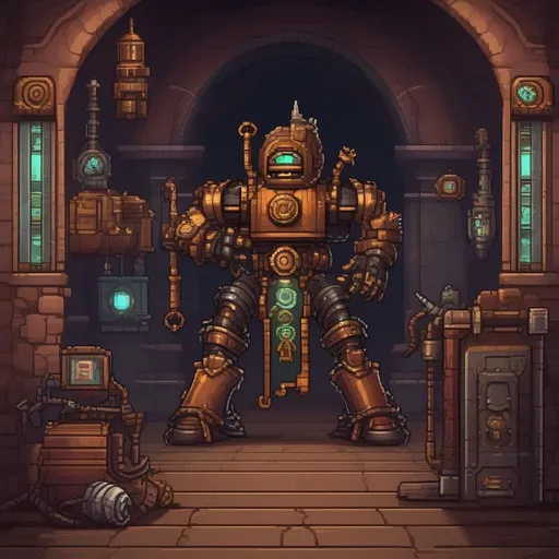 Prompt: Metroidvania game UI, steamworld dig game, steampunk knight with a large gear handle warhammer fighting Lovecraftian undead robot, set inside of old monastery of horror, pixel Art --ar 9:16