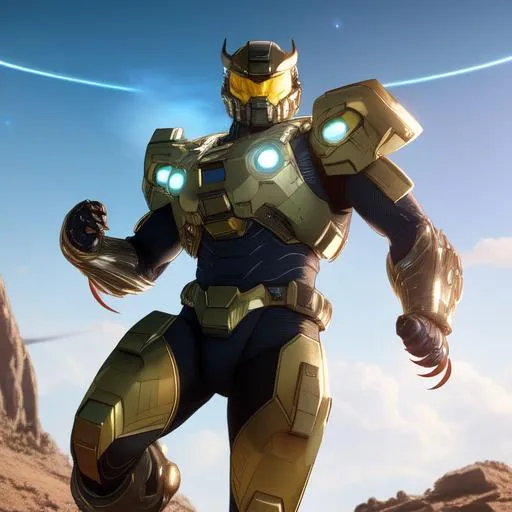 Prompt: Ultrarealistic 8k Portrait of futuristic Wolverine, hologram armored suit, halo armor, flying through space holding the infinity stones 
Unreal Engine 5