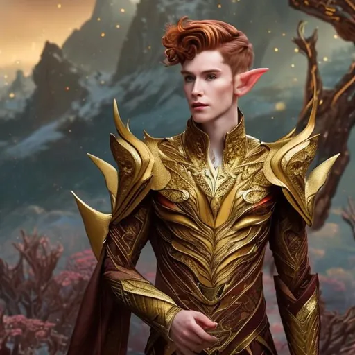 Prompt: A handsome elf man wearing a rich intricate golden suit with auburn hair that have a flower in them and a background of a beautiful multicolored fantasy landscape behind him