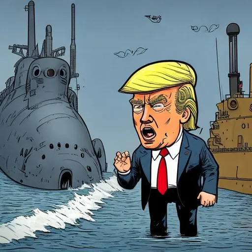 Prompt: Putin-Cartoon: Cute, "raging Trump-toddler" whispering into the ear of a "Russian spy"  in front of a nuclear submarine in drydock, stars and stripes, dark-blue suit, too long red tie to the floor, u-boat scene, muted gloomy colored, Sergio Aragonés MAD Magazine cartoon style