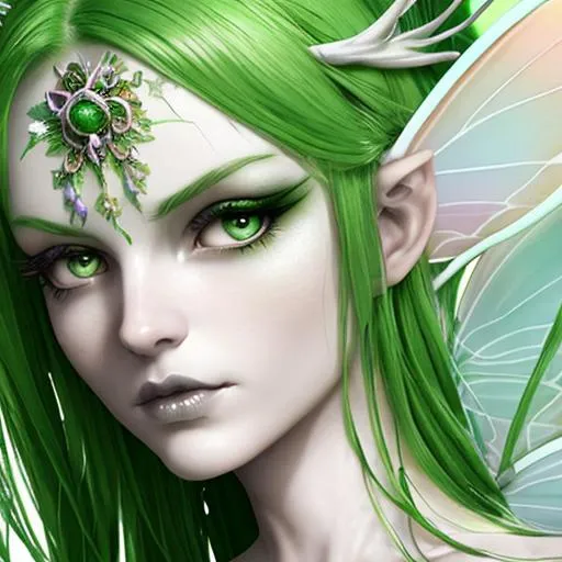 Prompt:  fairy goddess  of spring , green hair,  porcelin skin, closeup