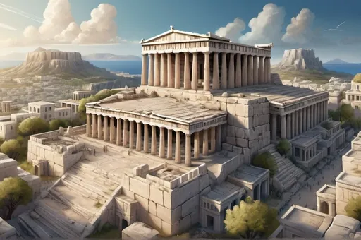 Prompt: Fantasy Illustration of Greek akropolis, temple and court, living and busy, entire structure, bird view, immersive world-building, high quality, detailed, epic scale, fantasy, greek town and landscape background 