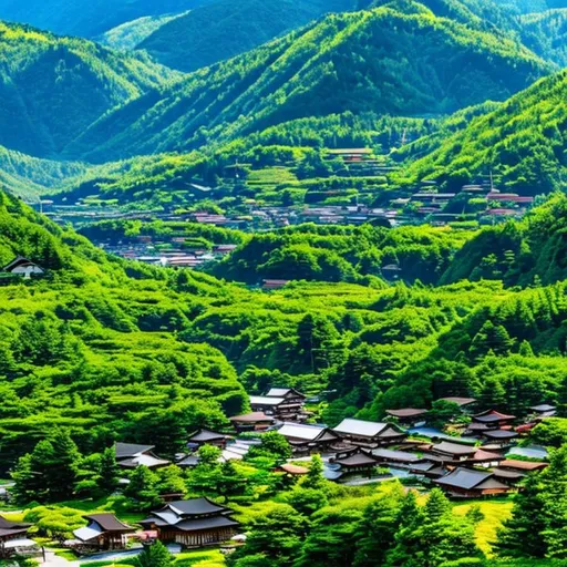 Prompt: Japanese village with mountains and surrounded by nature, rivers or sea, with animals