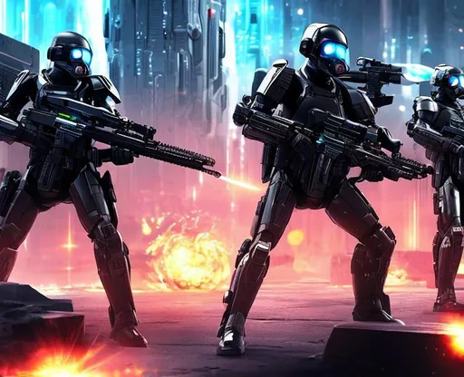 Prompt: futuristic humanoid soldiers with laser guns and futuristic armor shooting their guns and in a battle, the battle is happening in a futuristic city , point of view is from the back of the soldiers, the soldiers are shooting at the enemy with laser rifles