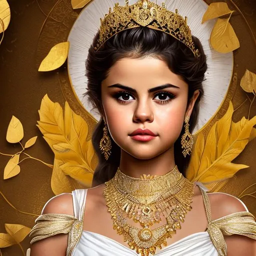 Prompt: selena gomez, beautiful face, detailed face, thin tall body, anorexic body, lean, queen, royalty, young, white toga, white gown, gold details, gold leaf crown, roman leaf