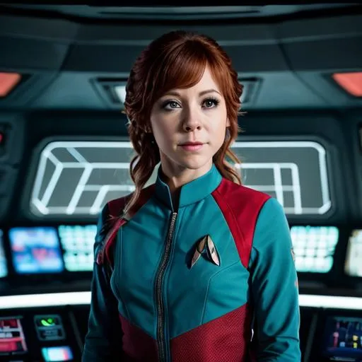 Prompt: Lindsey Stirling in a Starfleet uniform. {Star Trek: The Next Generation}