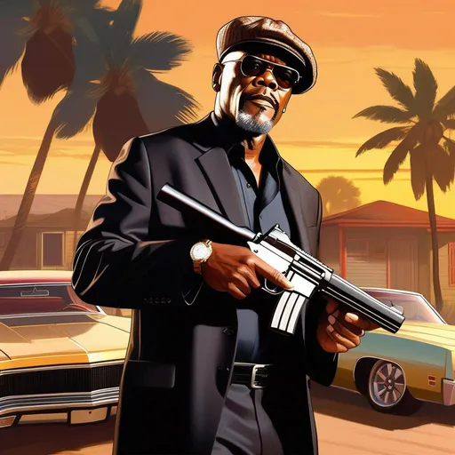 Prompt: Samuel L Jackson in GTA San Andreas, guns, cartoony, sunny atmosphere, extremely detailed painting by Greg Rutkowski and by Henry Justice Ford and by Steve Henderson