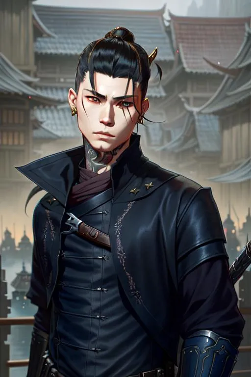 Prompt: a male 18 years, bounty hunter, assassin's clothes, looking from the back, civil war, dark fantasy, fantasy art, hallyu, oni, city background, ray tracing reflections, 32k, krenz cushart, manhua, tattoos on face 
