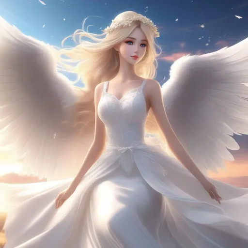 Prompt: 3d anime woman angelic blonde hair and white dress and beautiful pretty art 4k full HD