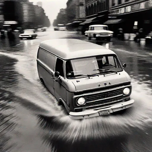 Prompt: a slightly out of focus photograph of a 70's era van driving on a flooded city street, black and white, robert capa, realistic, detailed, action, grainy, dramatic lighting