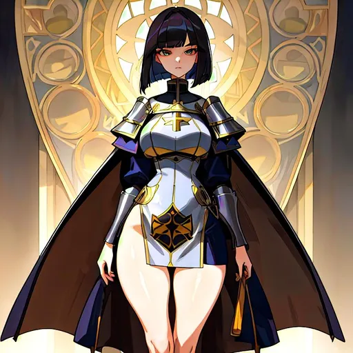 Prompt: a lonely AI girl, very tall, thick thighs, wide hips, huge glutes, long legs, slender arms, slender waist, big beautiful symmetrical eyes, intriguingly beautiful face, aloof expression, bob haircut with bangs, wearing Medieval heavy plate-armor, Crusader fashion, 12K resolution, hyper quality, hyper-detailed, 12K resolution, hyper-professional