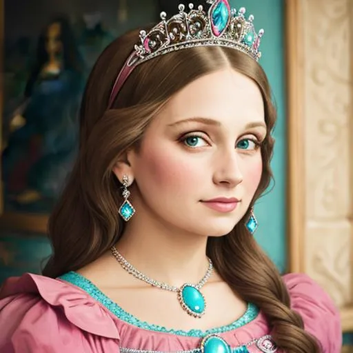Prompt:  princess wearing pink, hair in an updo, tiara with a turquoise in the center,  mona lisa smile, facial closeup