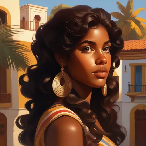 Prompt: Third person, gameplay, Puerto Rican girl, dark skin, curly brown hair, brown eyes, 1970s, San Juan, golden atmosphere, cartoony style, extremely detailed painting by Greg Rutkowski and by Henry Justice Ford and by Steve Henderson 