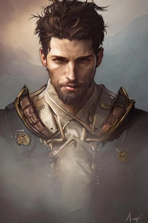 Prompt: realistic portrait of a dnd male blood hunter, D&D, shorter brown hair, brown eyes, highly detailed, concept art, smooth, art by artgerm and greg rutkowski and alphonse mucha and simon stalenhag, ambient lighting, fantasy, leather armour, lazy