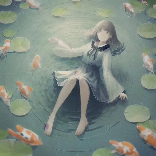 Prompt: Girl floating in a pond surrounded by koi and lily pads