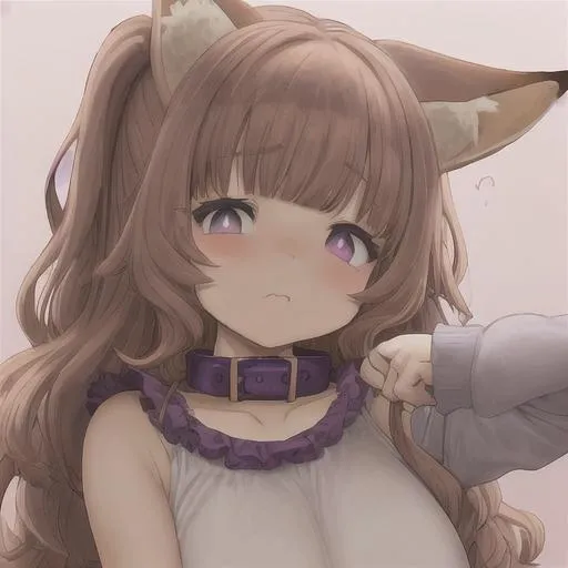 Prompt: cute short chubby fat white girl with auburn curly long hair with fox ears she is wearing a kids onesie and has a collar and she has grey purplish eyes. she looks as if she just woken up from an afternoon nap and is sleepy and rubbing her eye