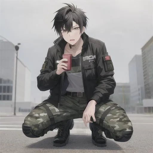 Prompt:  Yuichi 1male. {{Black spiky hair}} Wearing a camouflage jacket, cargo pants, sturdy boots, utility belt with pockets. Adam Manyoki, UHD. 4K. Highly detailed face. Adult. Squatting on the ground