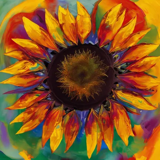 Prompt: 29. An abstract painting of a sunflower in the middle of a desert with bright colors and low resolution.