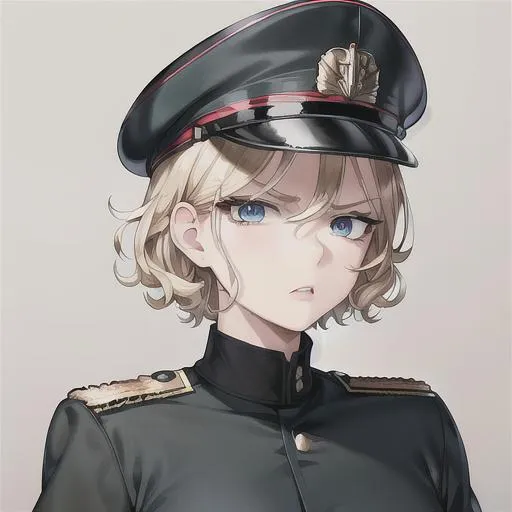 Prompt: (masterpiece, illustration, best quality:1.2), portrait, angry expression, mature look, eye bags under eyes, black eyelashes, short curly pixie style hair, blonde hair, blue eyes, all black German soldier uniform, commanders hat, best quality face, best quality, best quality skin, best quality eyes, best quality lips, ultra-detailed eyes, ultra-detailed hair, ultra-detailed, illustration, colorful, soft glow, 1 girl
