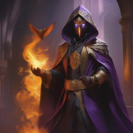 Prompt: high-quality high-detail highly-detailed breathtaking Villen ((by Aleksi Briclot and Stanley Artgerm Lau)) - ((a warlock)), hooded fire detailed owl warlock rich golden ornate robes casting smoke in hands, flying, smoke in feets, glowing, highly detailed vintage brass jester mask, add some purple sniper in his hands, glowing chest emblem , smooth detailed shoulder plates, detailed ivory, full body, fantasy robes,, wearing mime mask, 8k,  full form, detailed library setting, full form, epic, 8k HD, ice, sharp focus, ultra realistic clarity. Hyper realistic, realistic, close to perfection, high quality cell shaded illustration, ((full body)), dynamic pose, perfect anatomy, centered, freedom, soul, approach to perfection, cell shading, 8k , cinematic dramatic atmosphere, watercolor painting, global illumination, detailed and intricate environment, artstation, concept art, fluid and sharp focus, volumetric lighting, cinematic lighting.