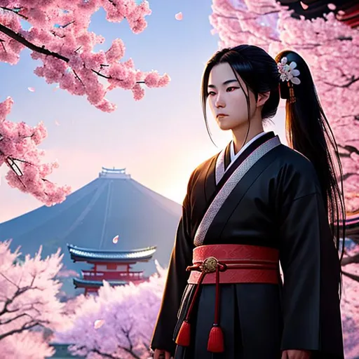 Prompt: Young Samurai with long black hair and ponytail, wearing samurai armor, standing in a Japanese temple, cherry blossom petals falling, illuminated lanterns, glowing sunrise, tranquil lighting, ethereal lighting, delicate shadows, ((beautiful detailed eyes, symmetrical eyes), dramatic lighting, (photorealism:1.5), (photorealistic:1.4), (8k, RAW photo, masterpiece), High detail RAW color photo, a professional photo, realistic, (highest quality), (best shadow), (best illustration), ultra high resolution, highly detailed CG unified 8K wallpapers, physics-based rendering, photo, realistic, realism, high contrast, hyperrealism, photography, f1.6 lens, rich colors, hyper-realistic lifelike texture, cinestill 800)