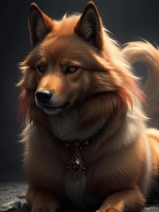 Prompt: 8k, 3D, UHD, masterpiece, oil painting, best quality, artstation, hyper realistic, photograph, perfect composition, zoomed out view of character, 8k eyes, Portrait of a (beautiful Ninetales), {canine quadruped}, thick glistening gold fur, deep sinister (crimson eyes), ageless, lives a thousand years, epic anime portrait, wearing a beautiful (silky scarlet and gold scarf), thick white mane with fluffy golden crest, golden magic fur lighlights, studio lighting, animated, sharp focus, intricately detailed fur, graceful, regal, cinematic, magnificent, sharp detailed eyes, beautifully detailed face, highly detailed starry sky with pastel pink clouds, ambient golden light, perfect proportions, nine beautiful tails with pale orange tips, insanely beautiful, highly detailed mouth, symmetric, sharp focus, golden ratio, complementary colors, perfect composition, professional, unreal engine, high octane render, highly detailed mouth, Yuino Chiri, Anne Stokes