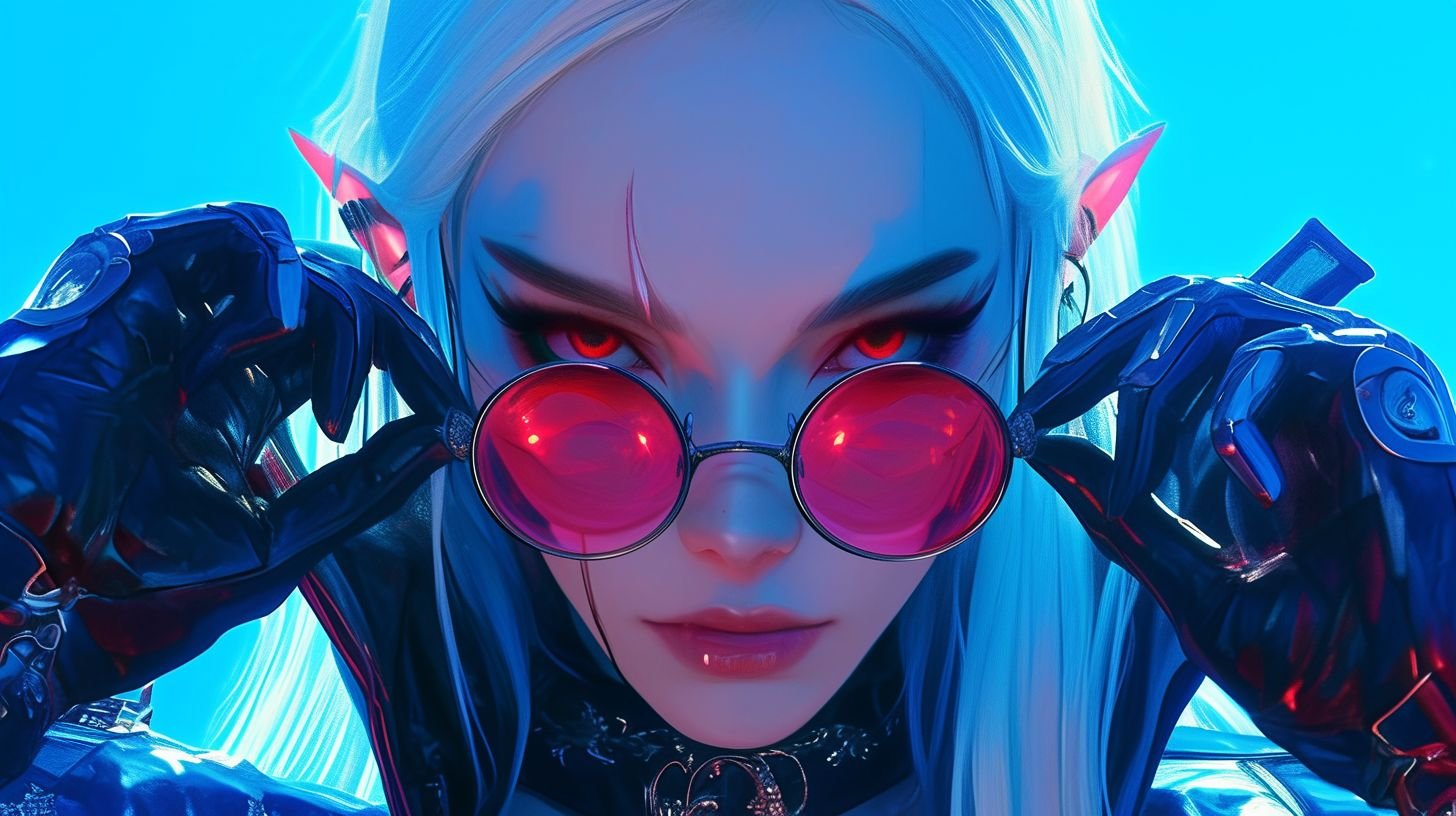 Prompt:  Hyper-realistic, close up, elegant, red eyes, meticulous design, young woman, vampire, pointy ears, pale skin, black makeup, long white hair, wearing stylish cyberpunk clothes, round steampunk glasses with red smoked lens, cyberpunk, high standing office, sitting on a stylish office chair, air of superiority, arrogant smile, neon, blue and pink neons, night, curves, reflects, high detail, best quality, ultra-detailed, attractive, keyhole, soft lighting, hyper realistic, dim lighting, in the style of unreal engine 5, 32k uhd, realistic drawings, full body, with delicate features