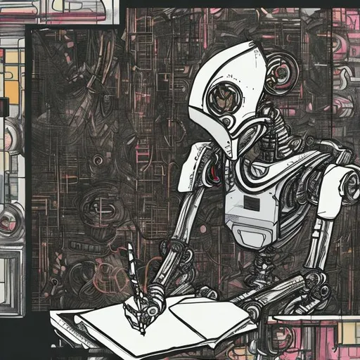 Prompt: robot creating art and writing a book.