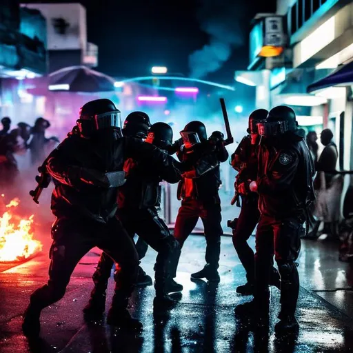 Prompt:  Riot Guards beating up hooded rioters on the street of a rainy cyber punk dystopian Miami at night time with fire in the background. The riot police have armor and helmets and the rioters all have hoodies and spray paint as well. The cities neon Miami vice lights shine overhead as well.