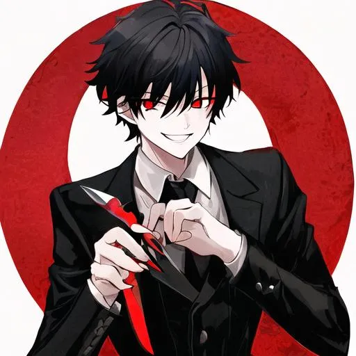 Prompt: Damien (male, short black hair, red eyes) grinning seductively, holding a knife