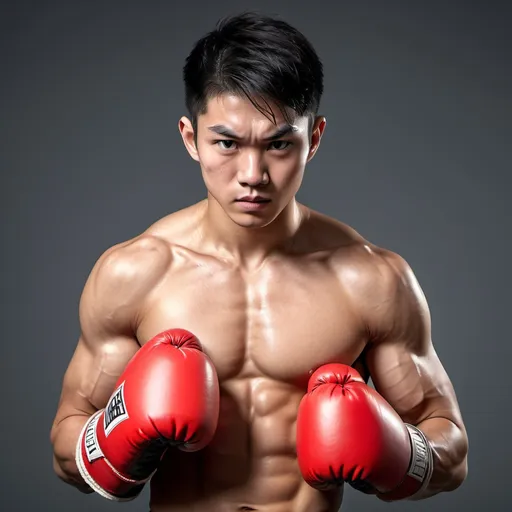 Prompt: high resolution, 4k, detailed, high quality, professional. Asian young face. Muscular Boxer with red boxing gloves being tied to a used sandbag.