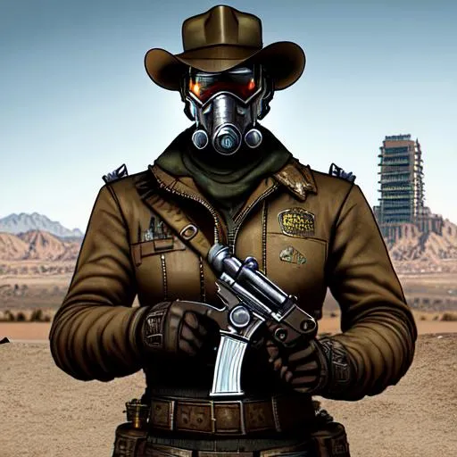 Prompt: Depict an NCR Ranger from Fallout New Vegas pointing his revolver, with the Lucky 38 casino visible in the background. The ranger should be wearing realistic-looking NCR Ranger armor, with intricate details and textures that capture the rugged and worn nature of the armor. The revolver should be rendered in gritty detail, with a sense of weight and power that suggests the ranger is ready for action. The Lucky 38 casino should be depicted in gleaming gold and silver tones, towering over the wasteland as a symbol of power and wealth.