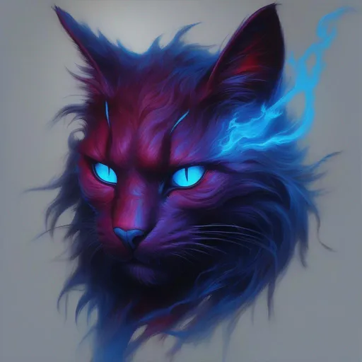 Prompt: Ahz-m'Athra, nightmare cat from the dark behind the world, corrupted, maroon fur with glowing neon blue veins and covered in hellish vivid blue fire, masterpiece, best quality, in oil painting style
