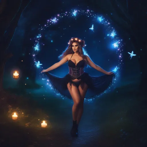 Prompt: Gorgeouse full body image of buxom woman in a skimpy, fairy style, witch outfit at night with sprites flying around