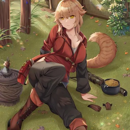 Prompt: khajit from fantasy games. Wearing a tunic, pants, and boots.