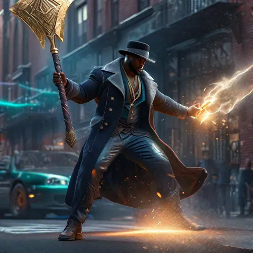 Prompt: Hulking Black Man magician in urban clothes wielding a magical axe, hdr render, soft lighting , full body, digital painting, studio photo, intricate details, professional, highly detailed, 8k uhd, epic, stunning, in New York city, action shot, soft, voluminous 