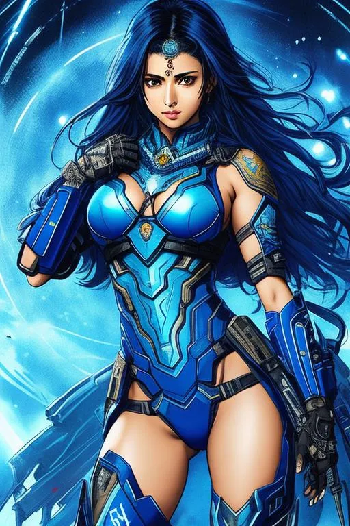 Prompt: (((Yoji Shinkawa))), sticker of ultra detailed portrait of Sadaf Mohammed Sayed  (Indian actress who mainly appears in Telugu, Tamil, and Kannada films)in dark blue holy armor, canon robotic hand, blue long hair, high quality cell shaded illustration in post apocalyptic style by Yoji Shinkawa, ((full body portrait)), dynamic pose, perfect anatomy, centered, freedom, soul, blue long hair, approach to perfection, cell shading, 4k , cinematic dramatic atmosphere, watercolor painting, global illumination, detailed and intricate environment, artstation, concept art, fluid and sharp focus, volumetric lighting, cinematic lighting, Art by Yoji Shinkawa,
