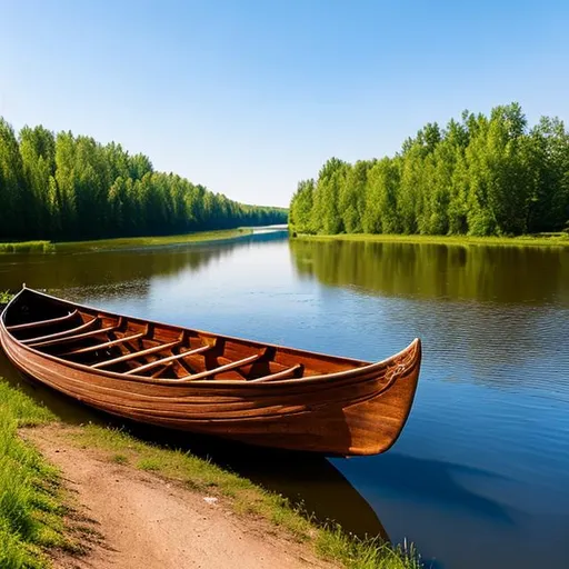 Prompt: ancient rowing boat in a latvian river