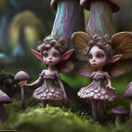 Prompt: 2 fairies with highly detailed faces, in a dark spooky mushroom forest. cinematic, highly detailed, 4k
