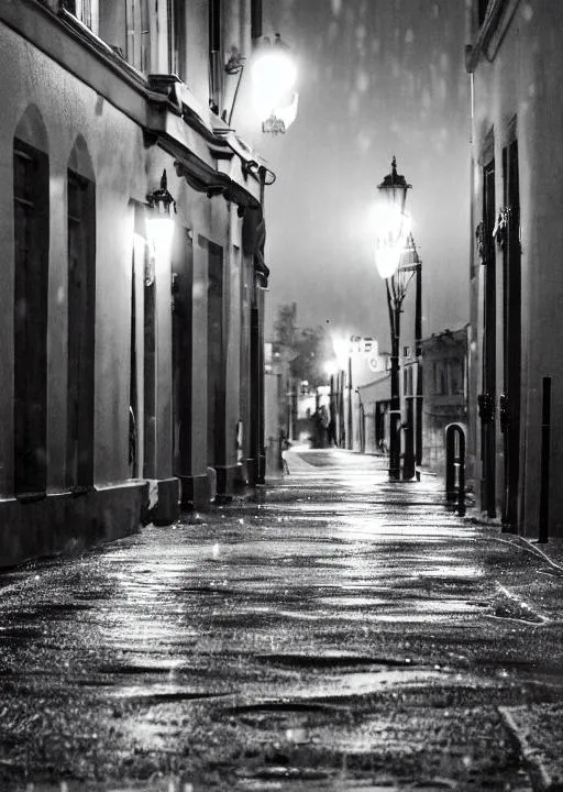 Prompt: empty street night raining wet asphalt old town yellow streetlight black and white 