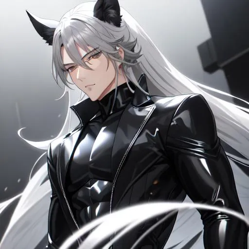 Prompt: Your OC is a little mangled horse, with gentle ash-gray eyes. He has long grey hair. Wearing a black latex suit with black gloves Masculine anime style. UHD, HD, 4K