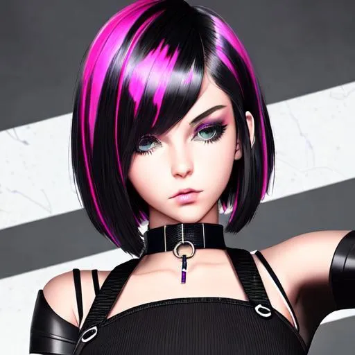 Prompt: cyber punk, insanely beautiful 16 year old girl. black with pink streaks bob cut hair.  wearing a tight black top and black jeans. wearing a punk choker. perfect grey eyes. perfect anatomy. symmetrically perfect face. hyper realistic. soft colours. no extra limbs or hands or fingers or legs or arms. beautiful grey eyes.