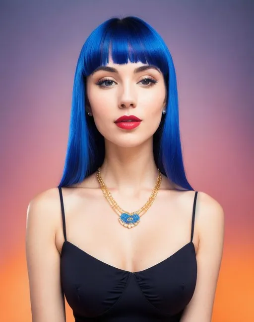 Prompt: photo realistic portrait of royal blue colored haired beautiful thin young Caucasian woman with fair and smooth white skin, ocean blue eyes and rose red lips, long hair with bangs, no dimples, wearing short black dress, golden heart shaped necklace, centered in frame, facing camera, ideal woman, 85mm lens,f8, photography, ultra details, natural light, light background, photo, Studio lighting